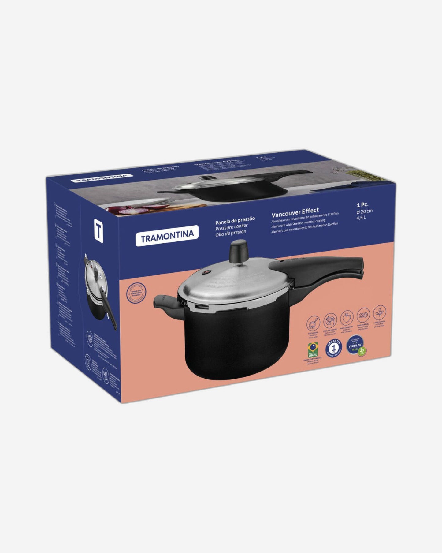 Tramontina Since 1911 Made In Brazil Tramontina Vancouver Effect Black Aluminum Pressure Cooker With Interior And Exterior Starflon Max Nonstick Coating, 20 Cm, 4.5 L
