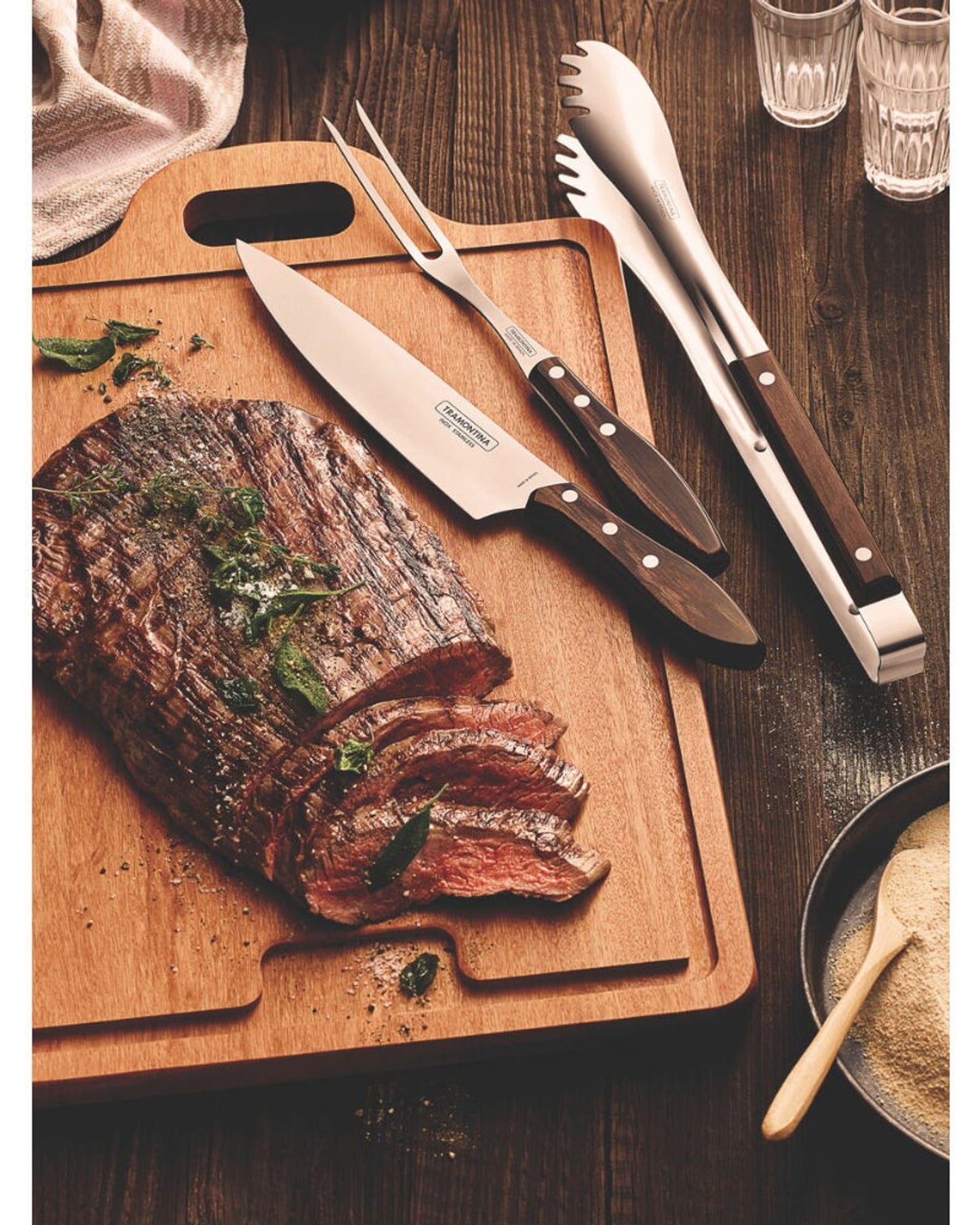 Tramontina Since 1911 Made In Brazil Tramontina 3-Piece Utensil Set With Stainless-Steel Blades And Treated Brown Polywood Handles