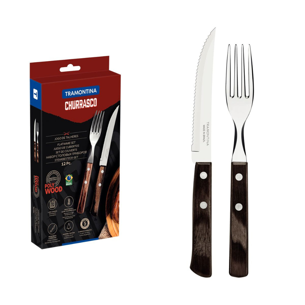 Since 1911 Made in Brazil Tramontina 12-Piece Flatware Set with Stainless-Steel  Blades and Treated Brown Polywood Handles