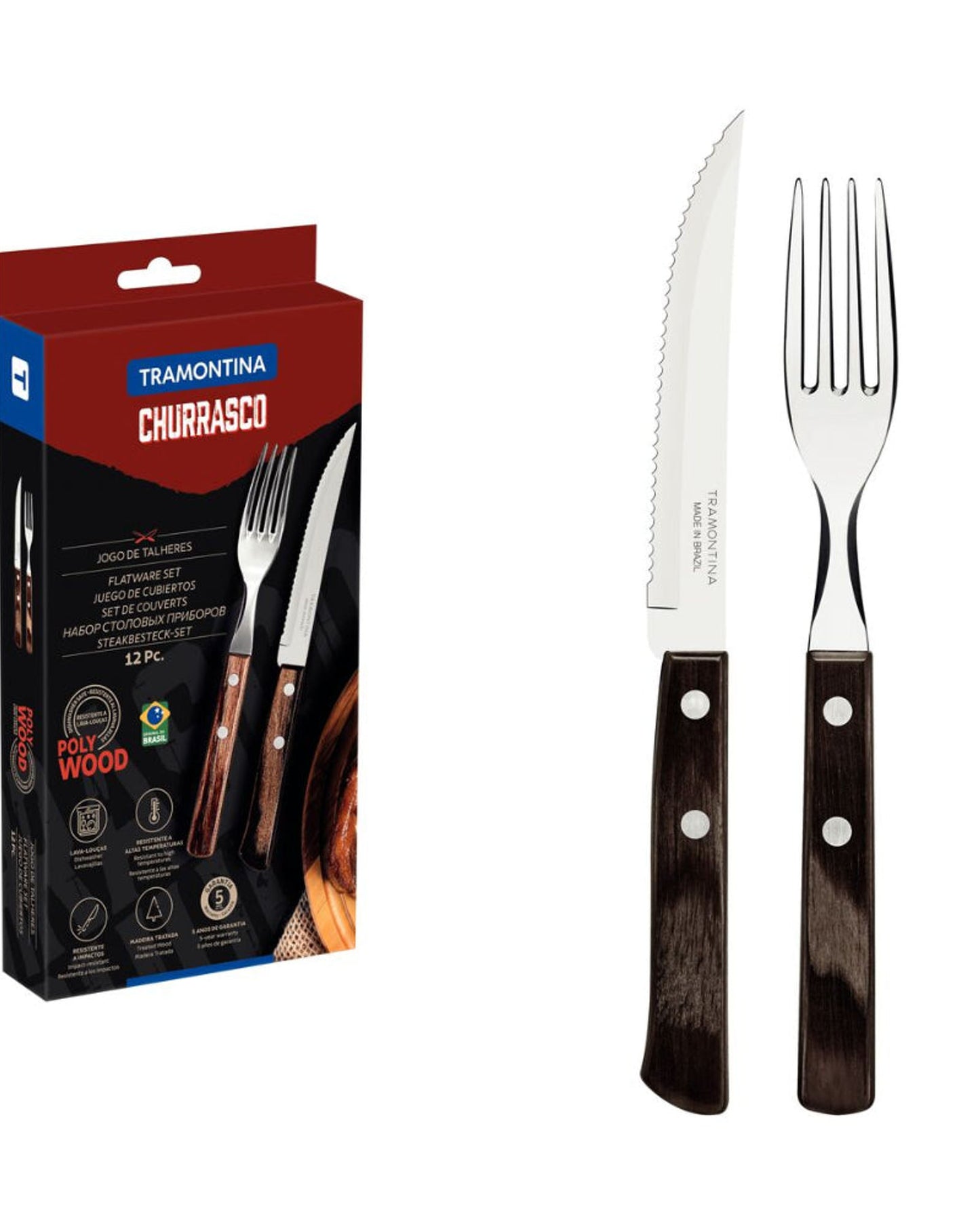 Tramontina Since 1911 Made In Brazil Tramontina 12-Piece Flatware Set With Stainless-Steel  Blades And Treated Brown Polywood Handles