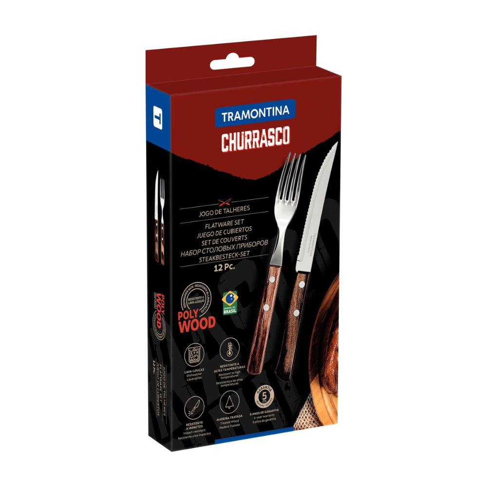 Tramontina Since 1911 Made In Brazil Tramontina 12-Piece Flatware Set With Stainless-Steel  Blades And Treated Brown Polywood Handles