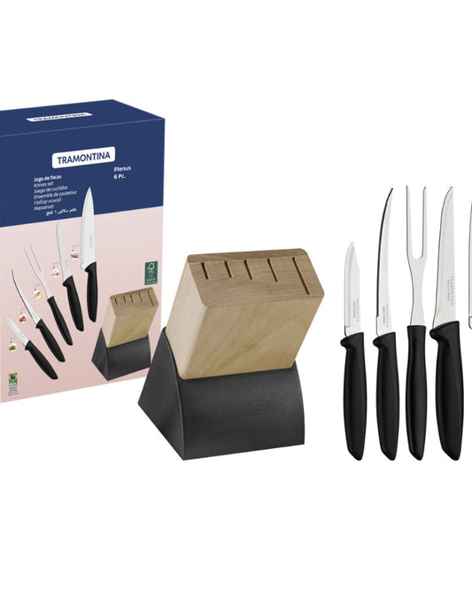 Tramontina Since 1911 Made In Brazil Tramontina Plenus 6-Piece Knife Set With Stainless Steel Blades, Black Polypropylene Handles And Wood Block