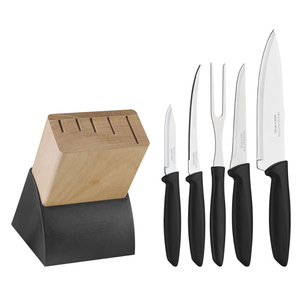 Tramontina Since 1911 Made In Brazil Tramontina Plenus 6-Piece Knife Set With Stainless Steel Blades, Black Polypropylene Handles And Wood Block