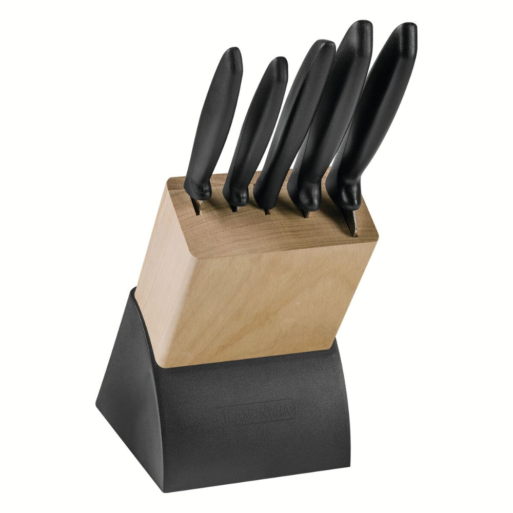 Tramontina Since 1911 Made In Brazil Tramontina Plenus 6-Piece Knife Set With Stainless Steel Blades, Black Polypropylene Handles And Wood Block