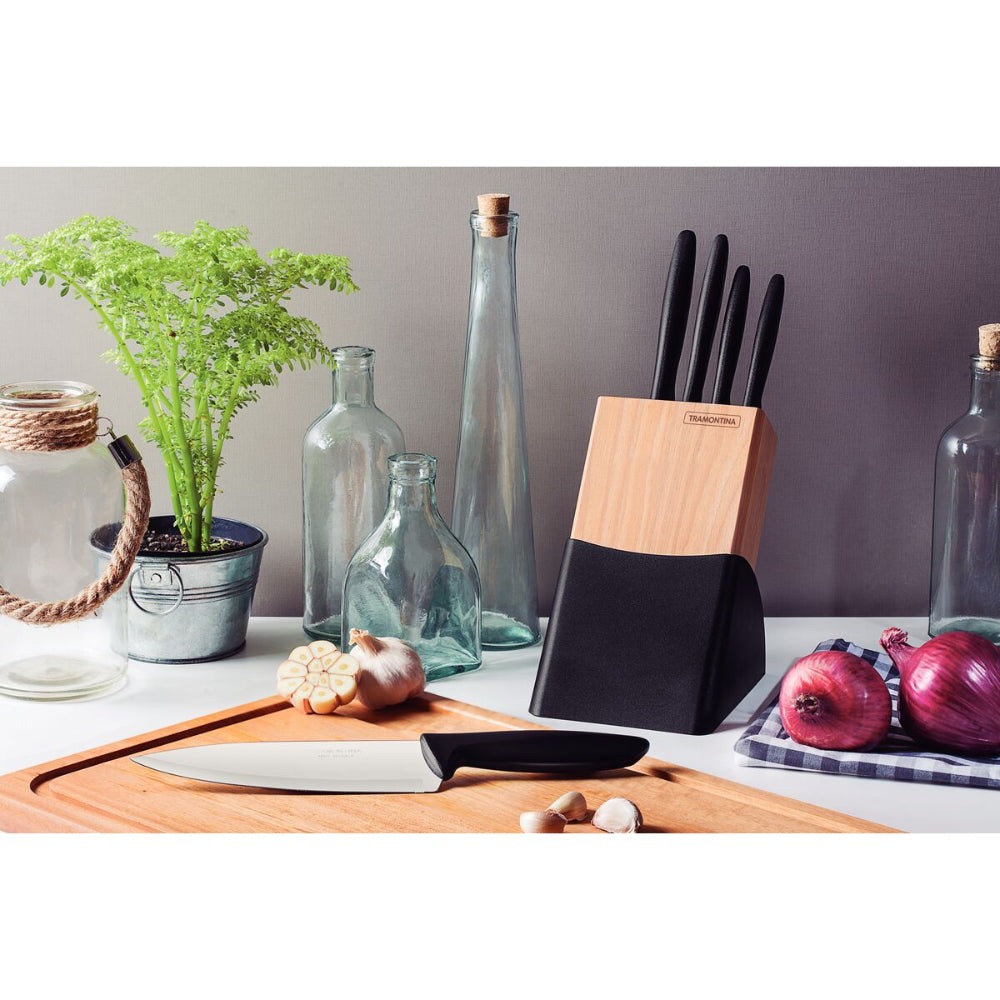 Tramontina Since 1911 Made In Brazil Tramontina Plenus 6-Piece Knife Set With Stainless Steel Blades, Black Polypropylene Handles And Wood Block