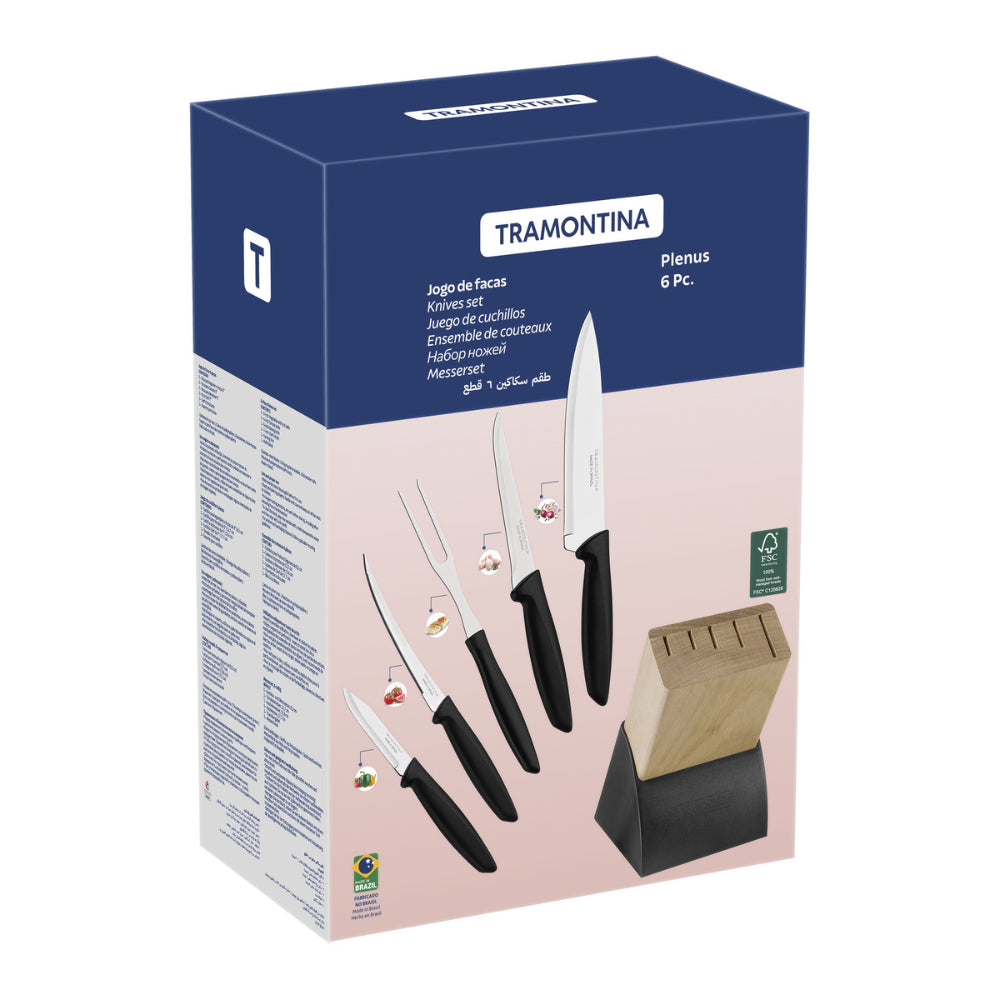 Tramontina Since 1911 Made In Brazil Tramontina Plenus 6-Piece Knife Set With Stainless Steel Blades, Black Polypropylene Handles And Wood Block