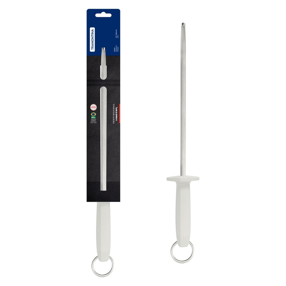 Since 1911 Made in Brazil Tramontina Professional 12" Grooved Sharpener with Carbon Steel Rod and White Polypropylene Handle