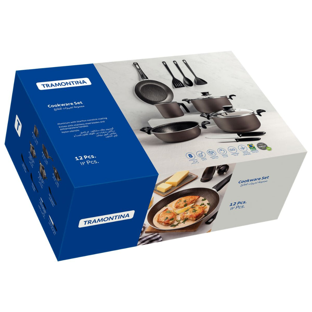 Tramontina Since 1911 Made In Brazil Tramontina Paris 12-Piece Lead-Colored Aluminum Cookware Set With Interior And Exterior Starflon Max Nonstick Coating