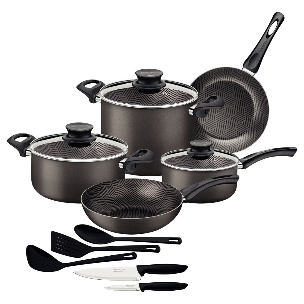 Tramontina Since 1911 Made In Brazil Tramontina Paris 13-Piece Lead-Colored Aluminum Cookware Set With Interior And Exterior Starflon Max Nonstick Coating
