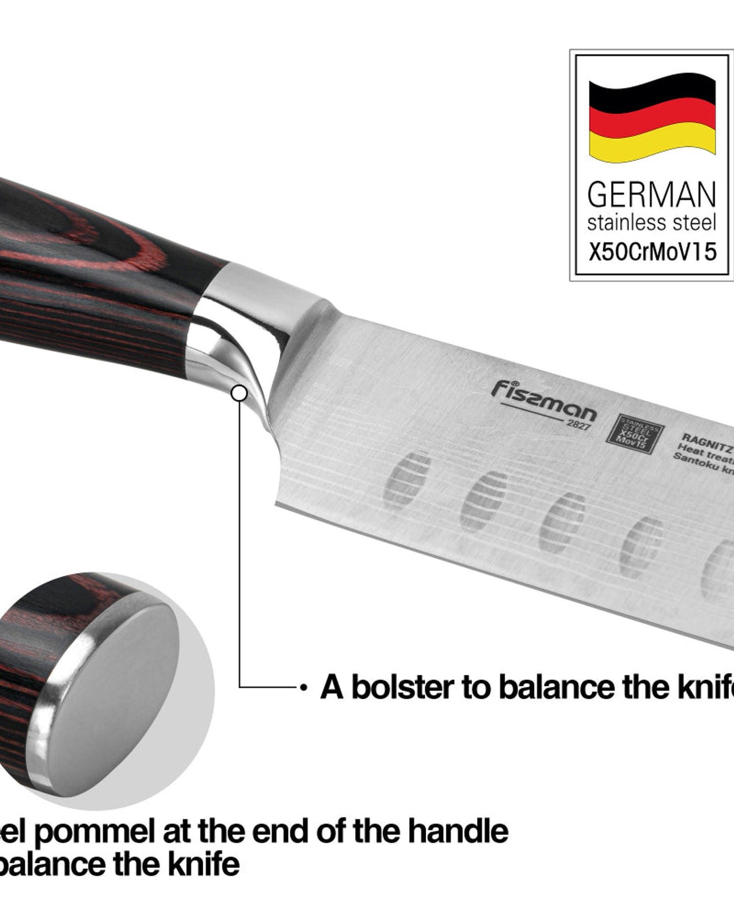 Fissman 7'' Santoku Knife Japanese Utility Knife, German Alloy X50CrMoV15 Stainless Steel Ragnitz Series