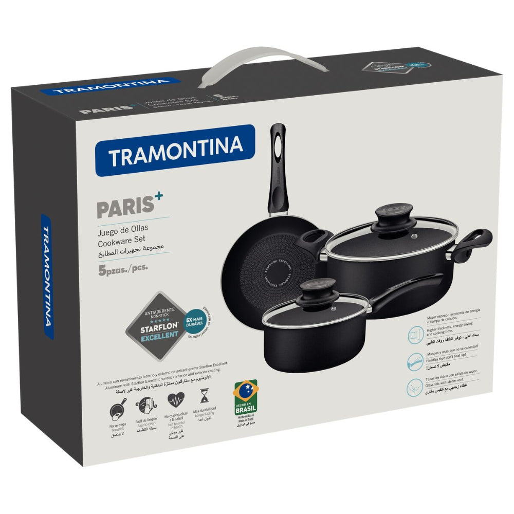 Tramontina Since 1911 Made In Brazil Tramontina Paris+ 5-Piece Black Aluminum Cookware Set With Interior And Exterior Starflon Excellent Nonstick Coating