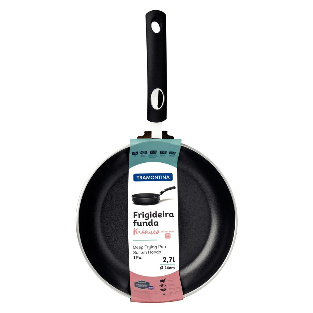 Tramontina Since 1911 Made In Brazil Tramontina Mônaco Induction Aluminum Deep Frying Pan With Black Interior And Exterior Starflon Premium Nonstick Coating, 24 Cm, 2.7 L