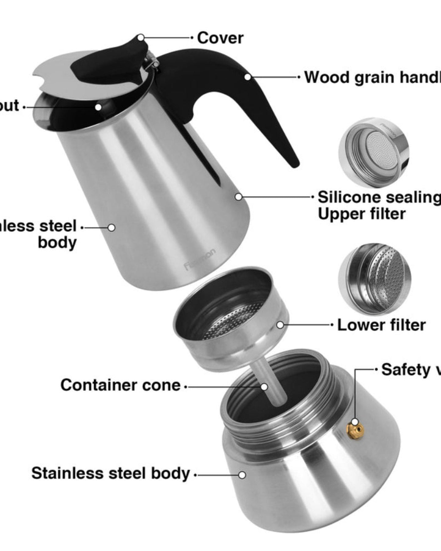 Fissman Stovetop Espresso Maker 300ml For 6 Cups Stainless Steel Making Fresh Coffee Moka Pot Express