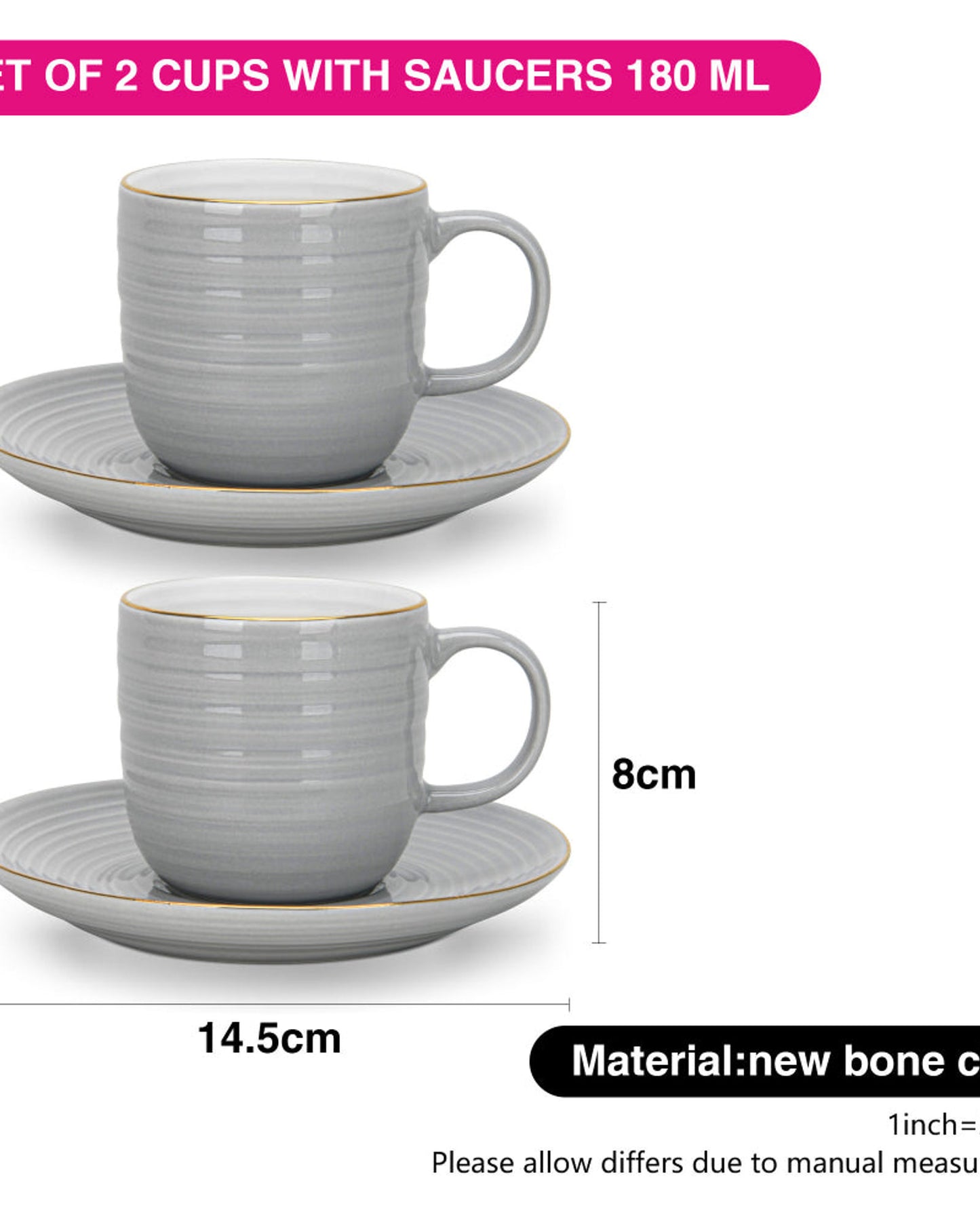 Fissman 2-Piece Cups Firmina Series Series Gray 180ml with Saucers New Bone China