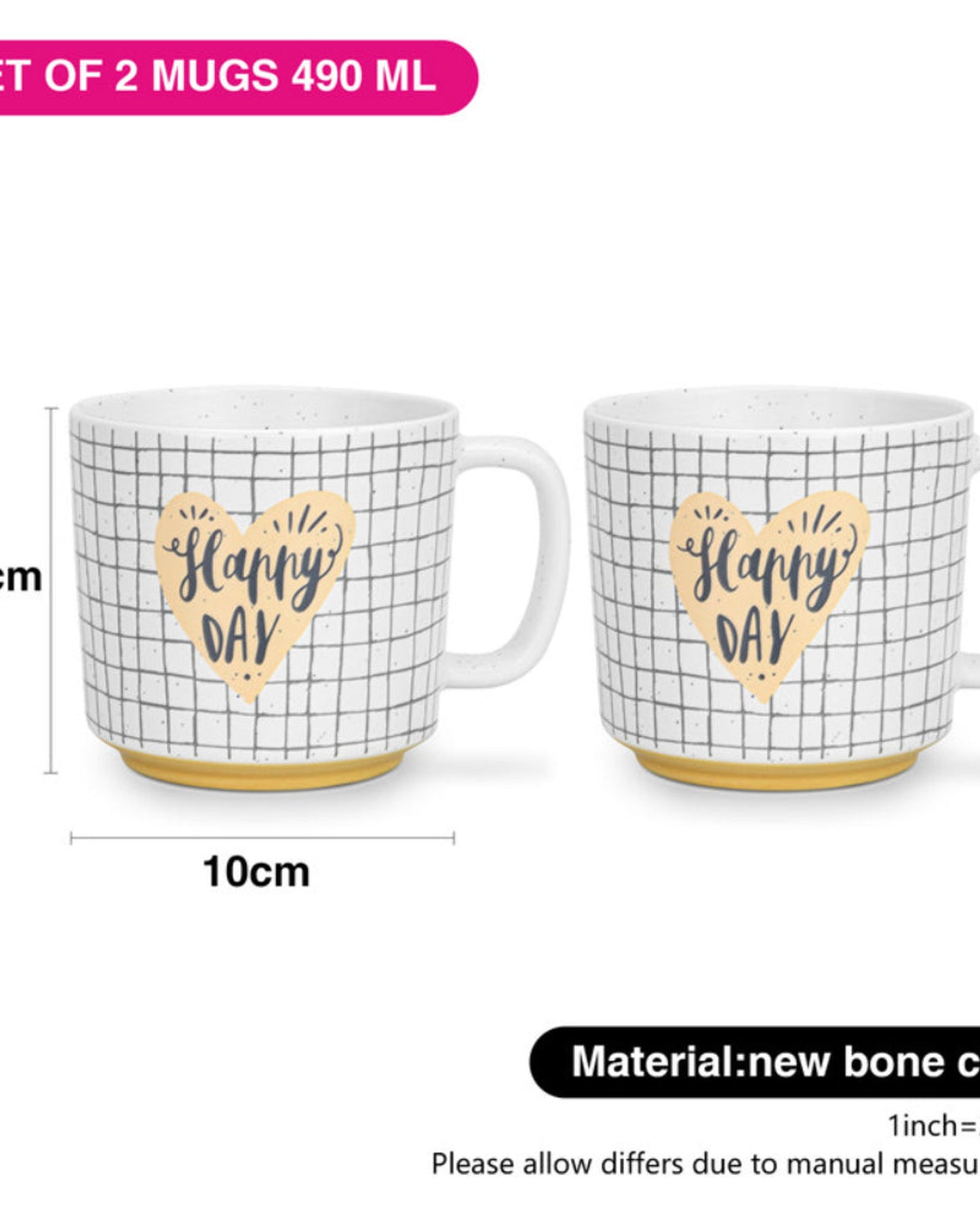 Fissman 2-Piece Mugs 490ml Happy Day Checked New Bone China
