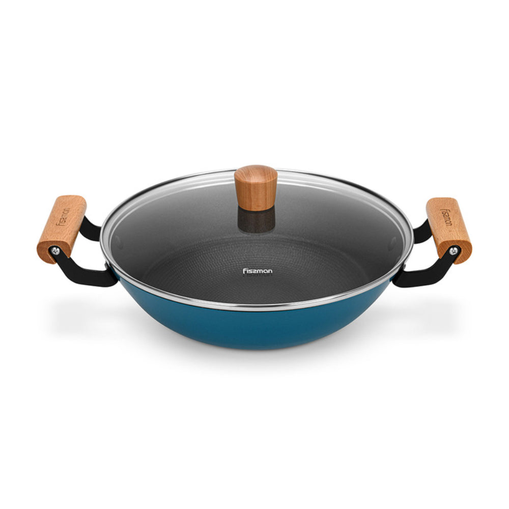 Fissman Wok Seagreen 28cm/4LTR with Glass Lid Enamelled Lightweight Cast Iron with Non-stick Coating