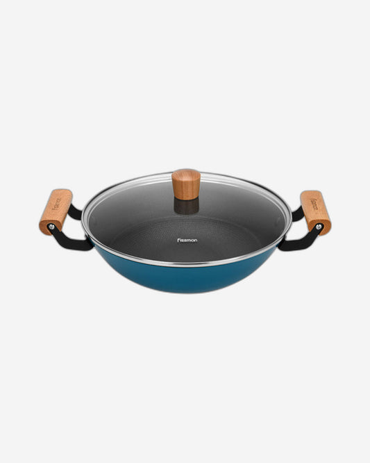 Fissman Wok Seagreen 28cm/4LTR with Glass Lid Enamelled Lightweight Cast Iron with Non-stick Coating