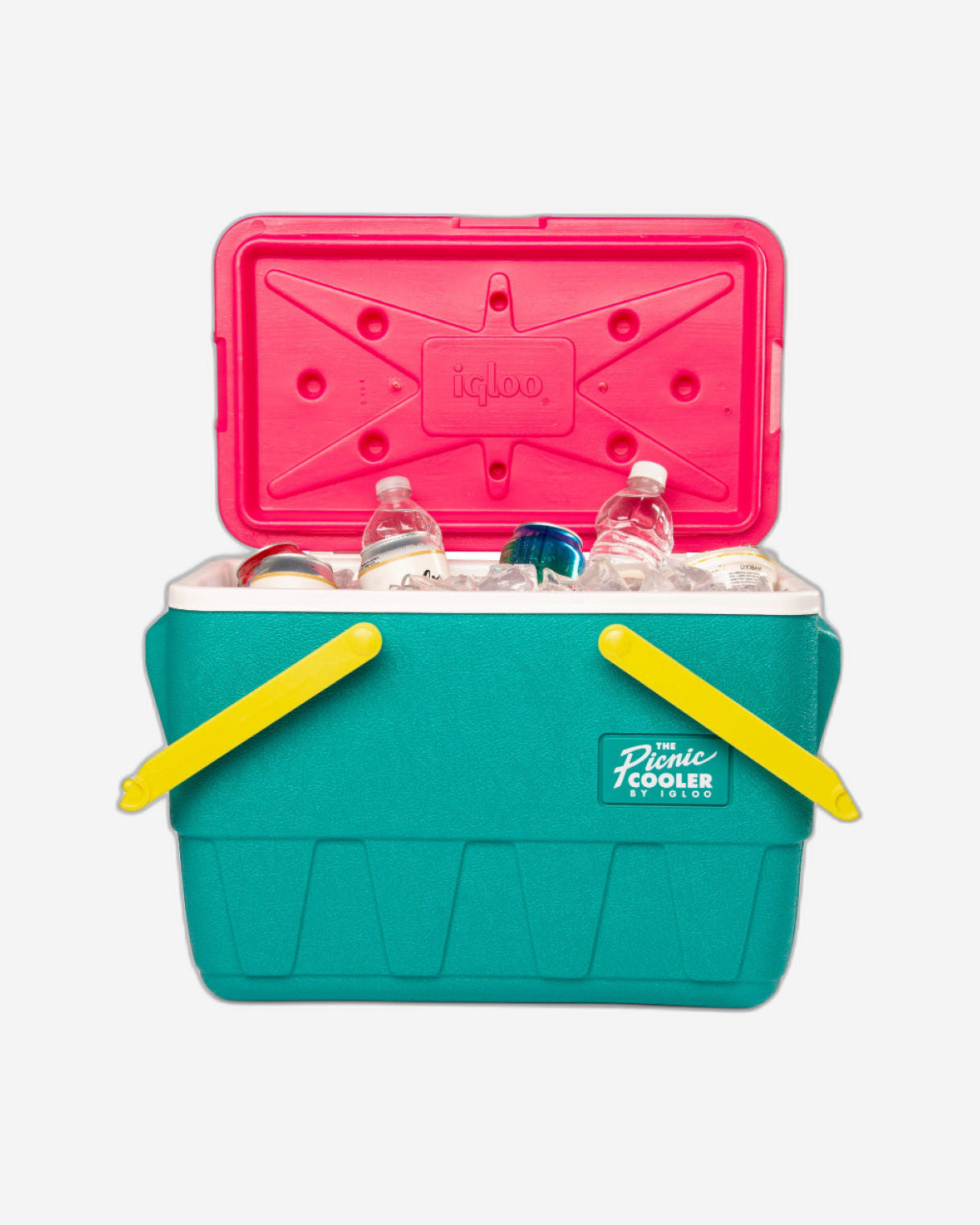 00048537-Igloo-Retro Jade 25 Qt Lunch Picnic Basket Cooler - Dark Jade /Bold Magenta /Livewire Yellow