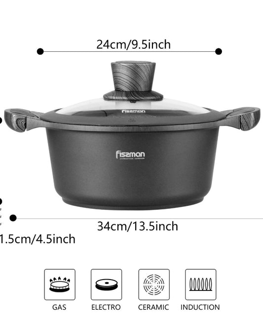 Fissman Stock Pot 20cm/2.4LTR with Glass Lid Aluminium With Non-Stick Coating And Induction Bottom