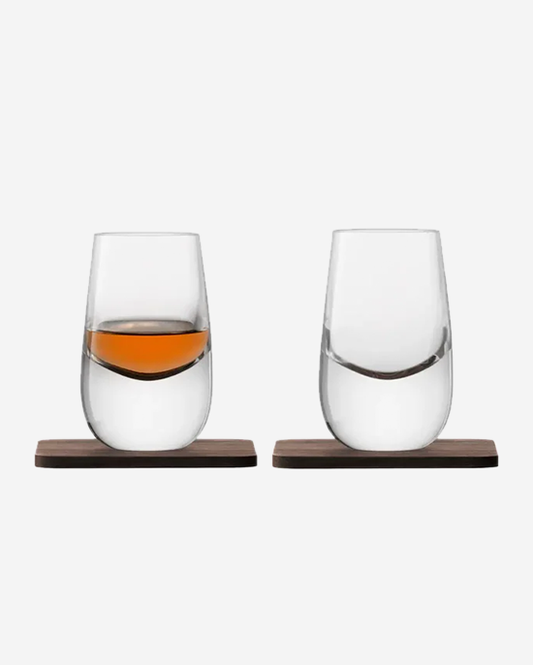 LSA Whisky Islay Shot Glass 80ml Clear & Walnut Coaster x2