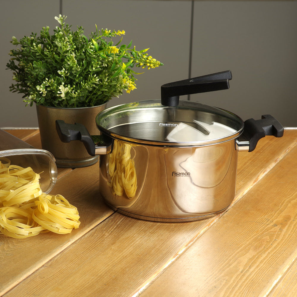 Fissman Stockpot Glass Lid 20cm/3.3LTR Eliz Series Stainless Steel with Induction BottomDrain Spout Meauring Scale Bakelite Handle 