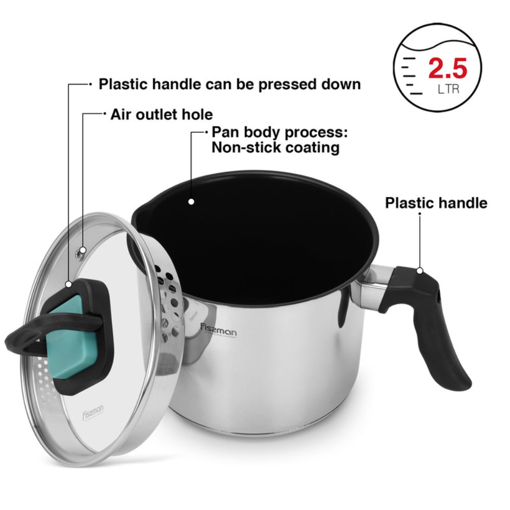 Fissman Milk Pot 16cm/2.5LTR With Glass Lid Stainless Steel