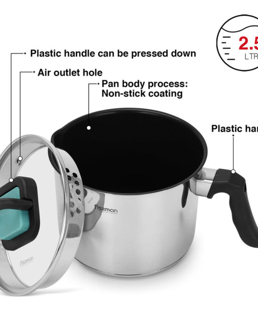 Fissman Milk Pot 16cm/2.5LTR With Glass Lid Stainless Steel