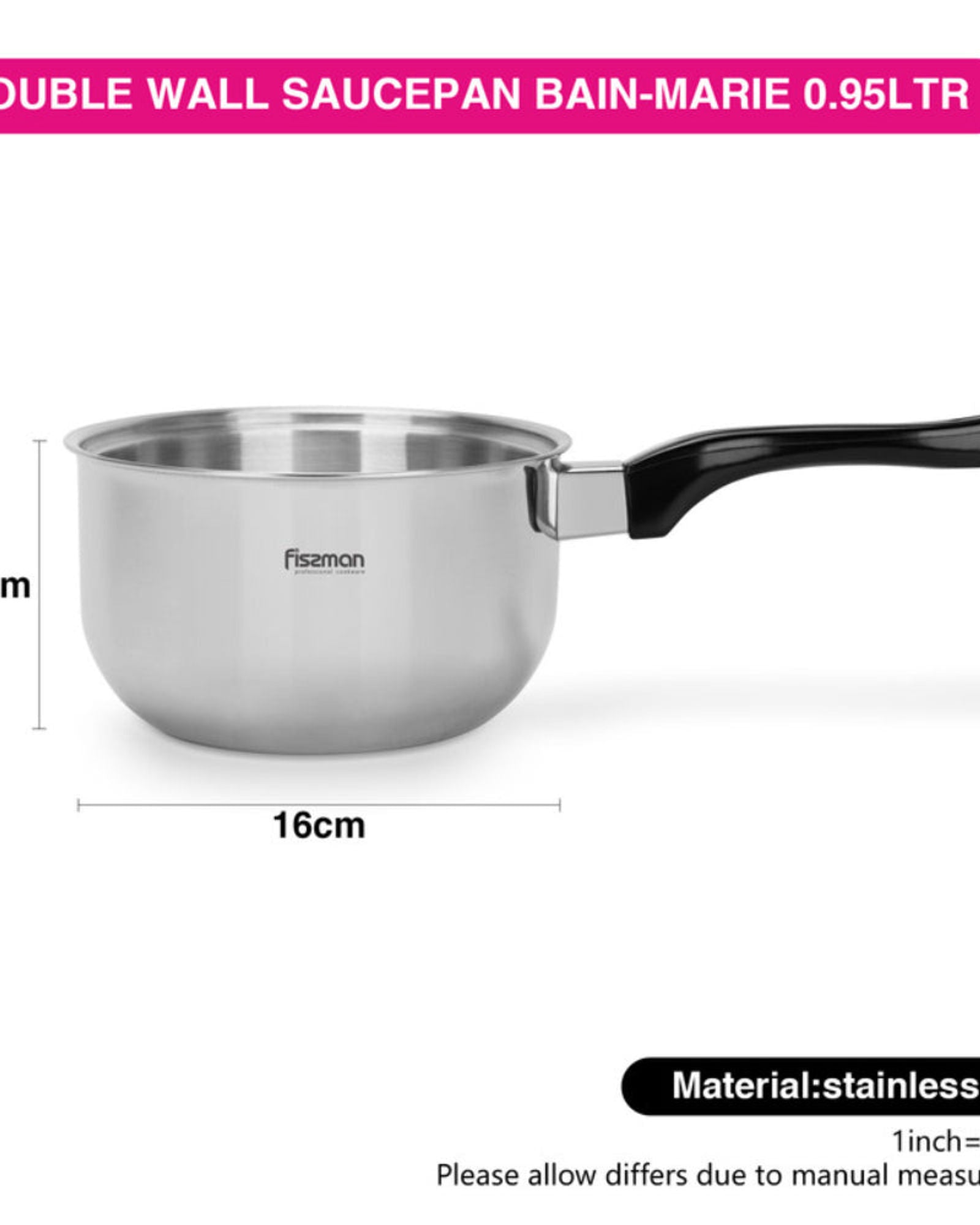 Fissman Saucepan 16cm/0.95LTR Double Wall Bain-Marie Without Lid Stainless Steel