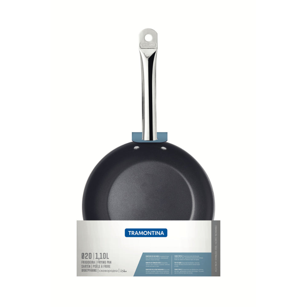 Tramontina Since 1911 Made In Brazil Tramontina Professional 20 Cm 1.1 L Shallow Stainless Steel Frying Pan With Long Handle, Tri-Ply Base And Interior Non-Stick Coating