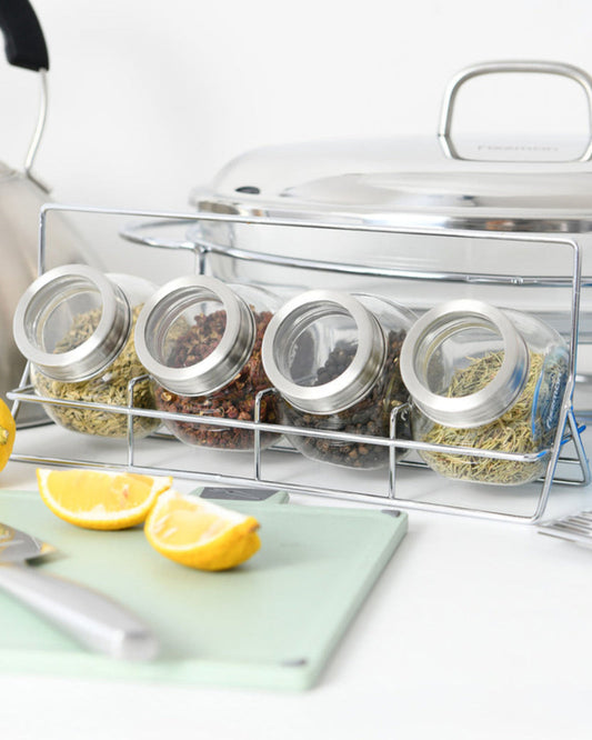 Fissman 4-Piece Glass Condiment Set 195ml with Rack Organizer