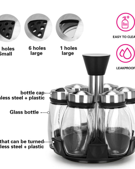 Fissman 7-Piece Spice Storage Condiment Jars With Lid And Stand Black