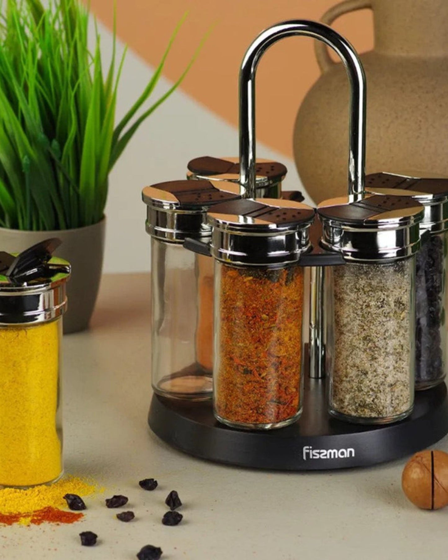Fissman 7-Piece Spice Storage Condiment Jars With Lid And Stand Multicolour