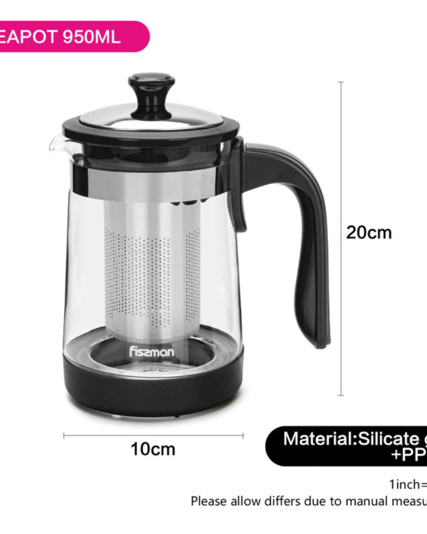 Fissman Borosilicate Tea Pot With Filter Black/Clear/Grey 950ml