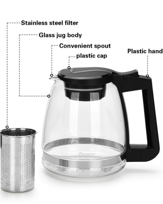 Fissman Tea Pot Borosilicate Glass With Stainless Steel Filter Black/Clear 2000ml