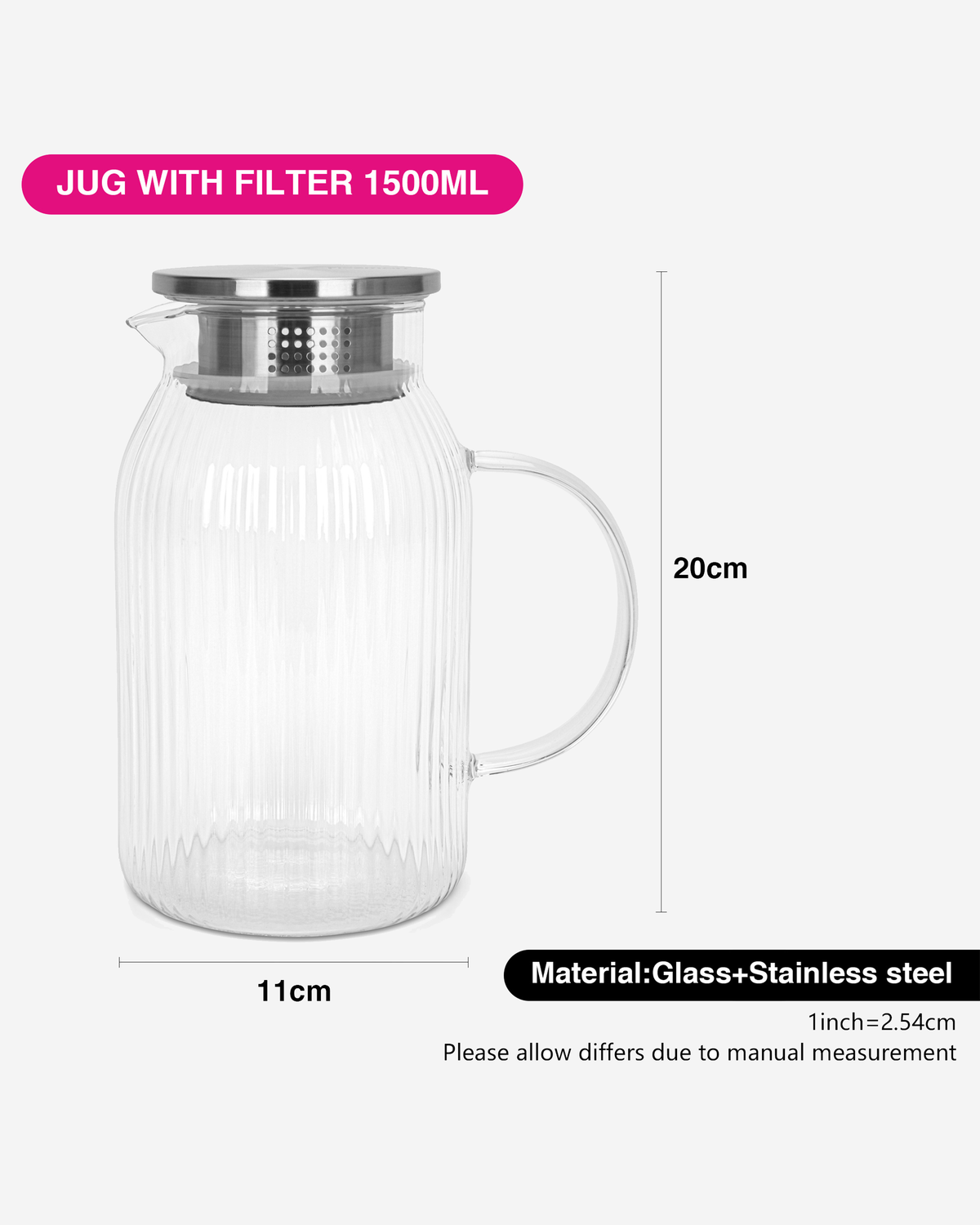 Fissman Glass Pitcher 1500ml Stainless Steel Silicone Lid