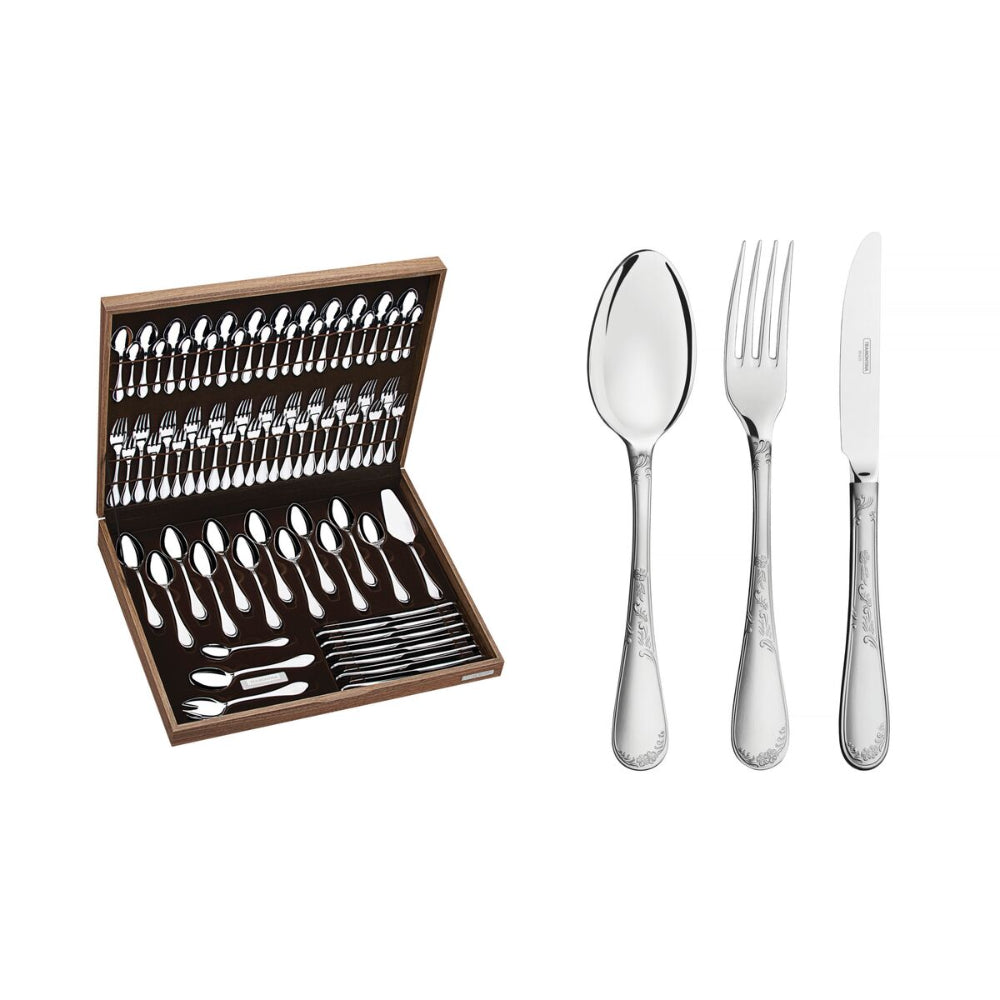 Since 1911 Made in Brazil Tramontina Renascença stainless steel flatware set with table knives, high gloss and matte finish with, 76 pc set