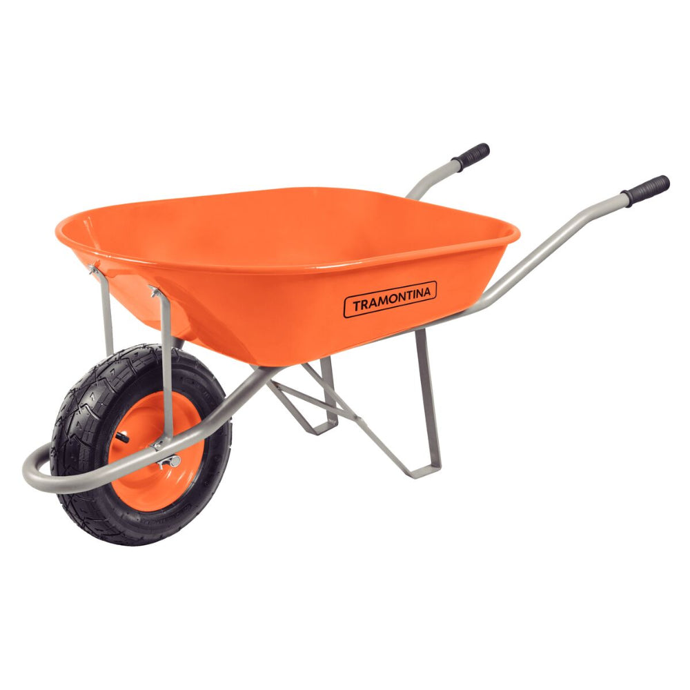 Since 1911 Made in Brazil Tramontina's Wheelbarrow with Orange Metal Extra Deep Bucket 80 L, Metallic Handle and Pneumatic Tire