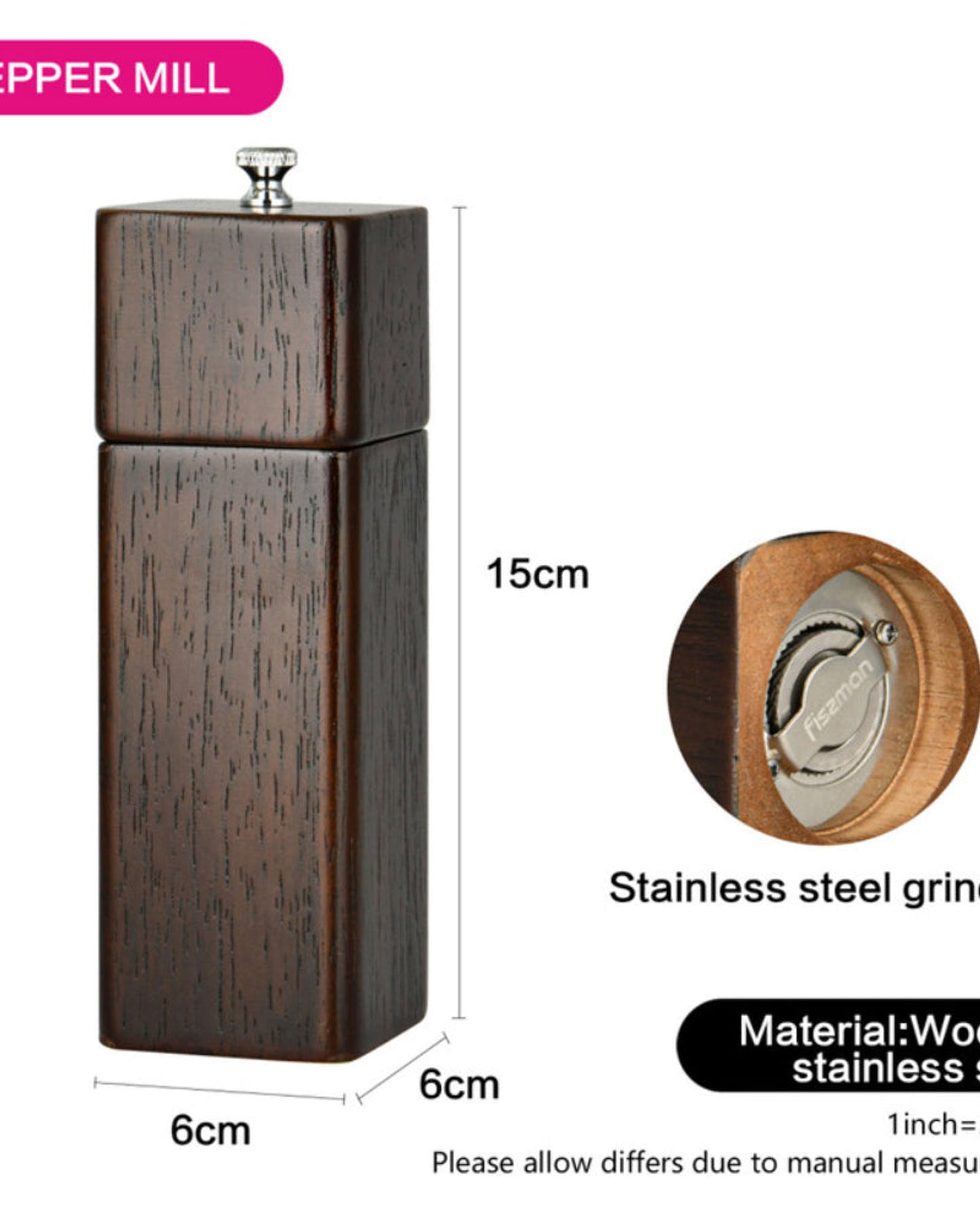 Fissman Square Shape Pepper Mill Dark Brown 16.5 x 5cm