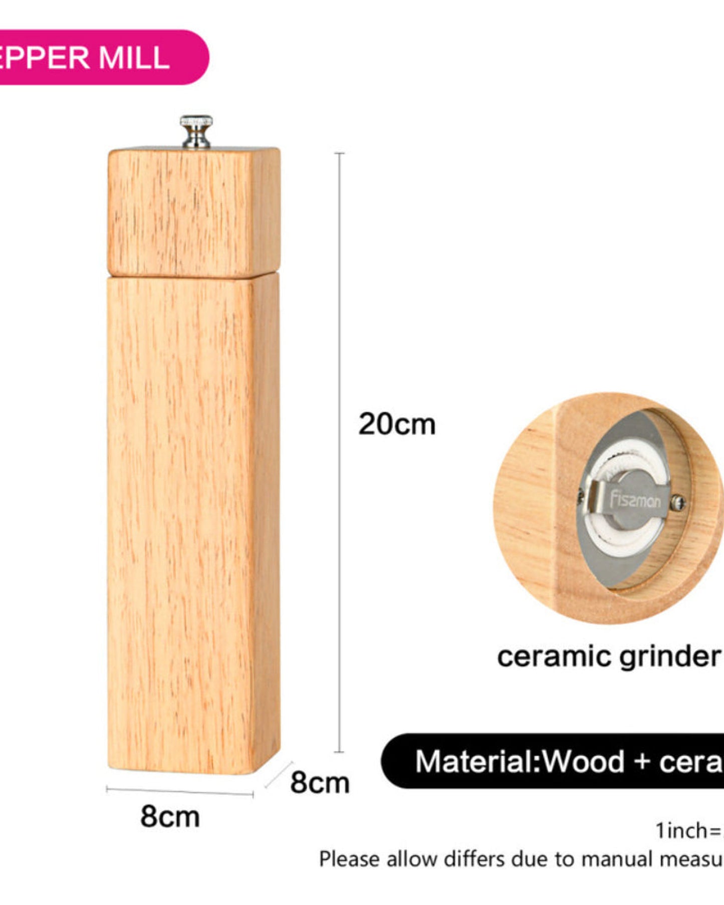 Fissman Square Shape Pepper Mill Beige 21.5 x 5cm