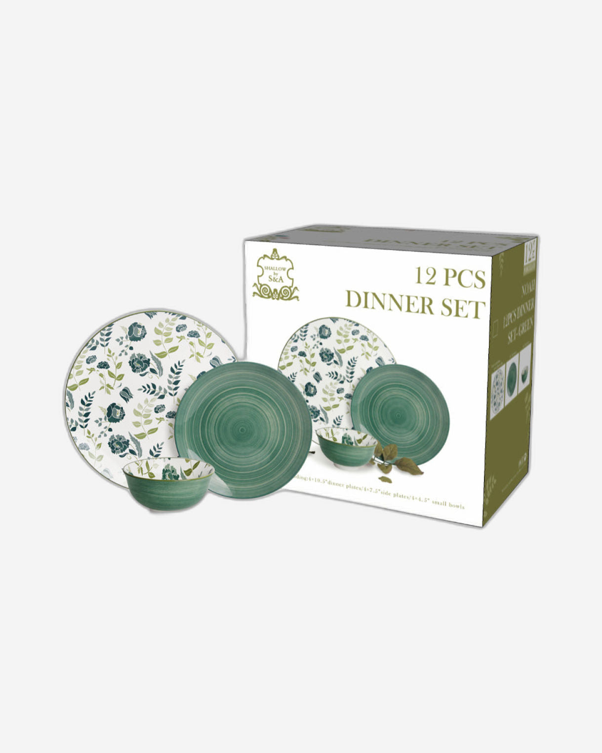 Shallow Porcelain Noah Dinner Set, 12 Pieces, Green, (4 Dinner Plates, 4 Side Plates, 4 Small Bowl)