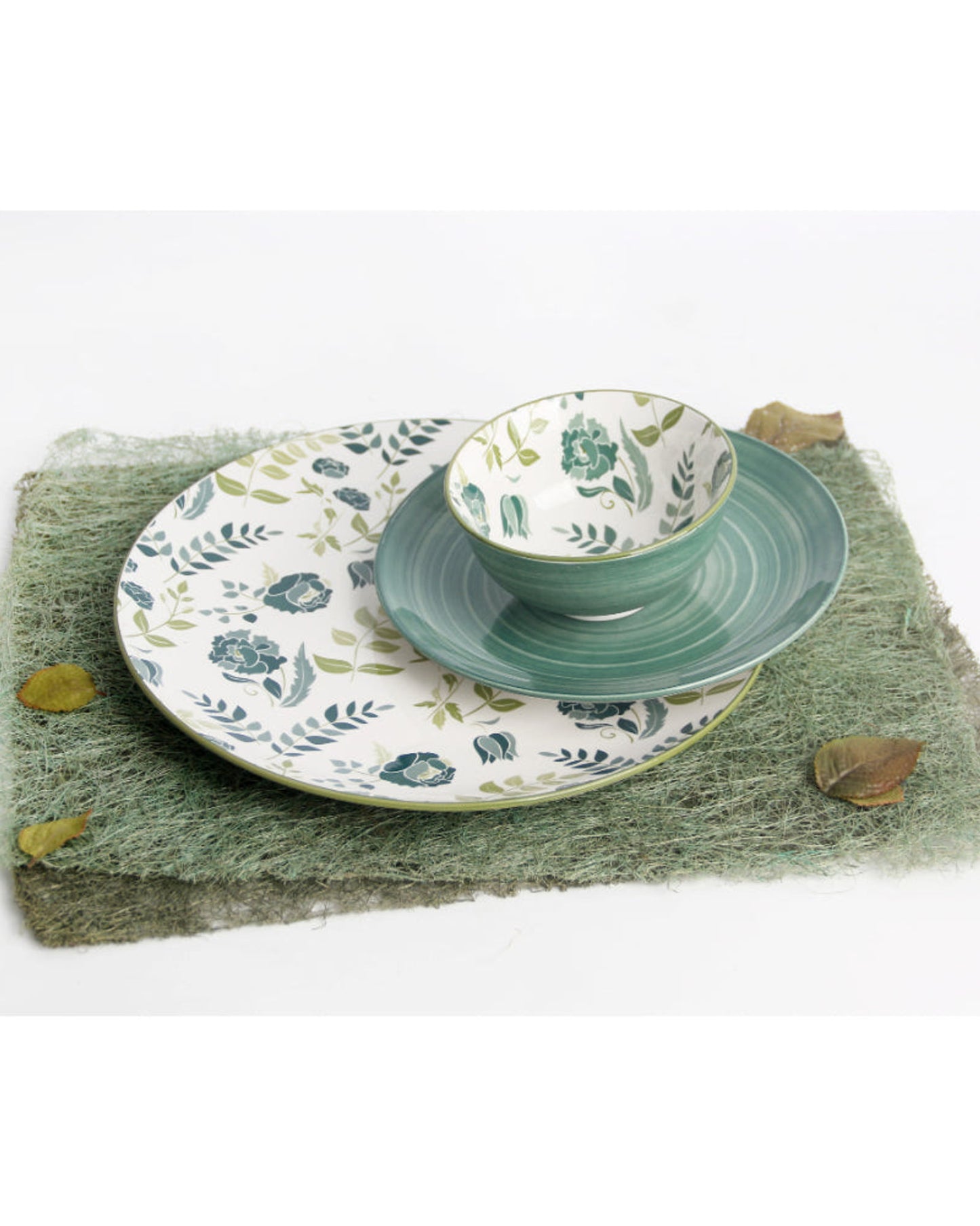 Shallow Porcelain Noah Dinner Set, 12 Pieces, Green, (4 Dinner Plates, 4 Side Plates, 4 Small Bowl)