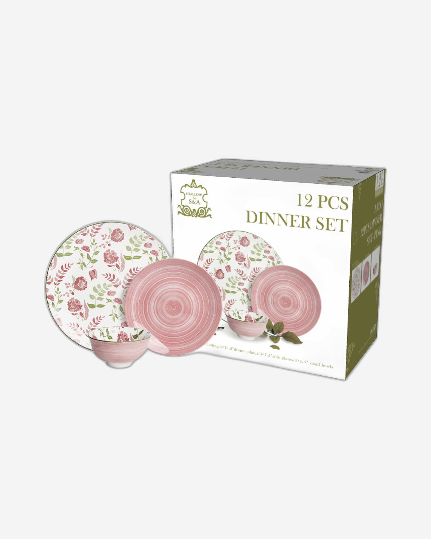 Shallow Porcelain Arlo Dinner Set, 12 Pieces, Pink, (4 Dinner Plates, 4 Side Plates, 4 Small Bowl)