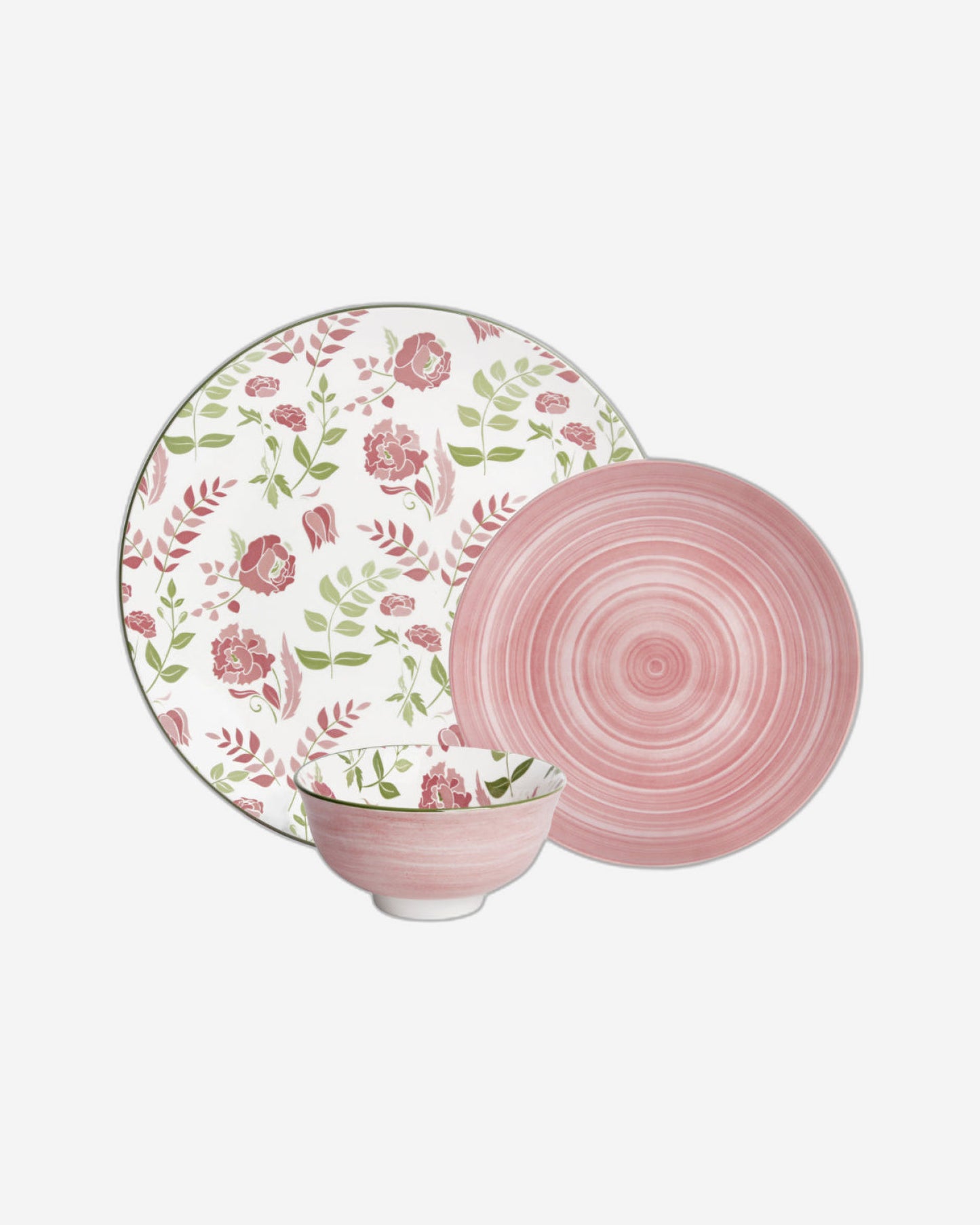 Shallow Porcelain Arlo Dinner Set, 12 Pieces, Pink, (4 Dinner Plates, 4 Side Plates, 4 Small Bowl)