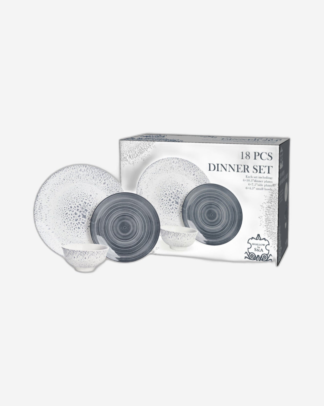 Shallow Porcelain Leo Dinner Set, 18 Pieces, Grey (4 Dinner Plates, 4 Side Plates, 4 Small Bowl)
