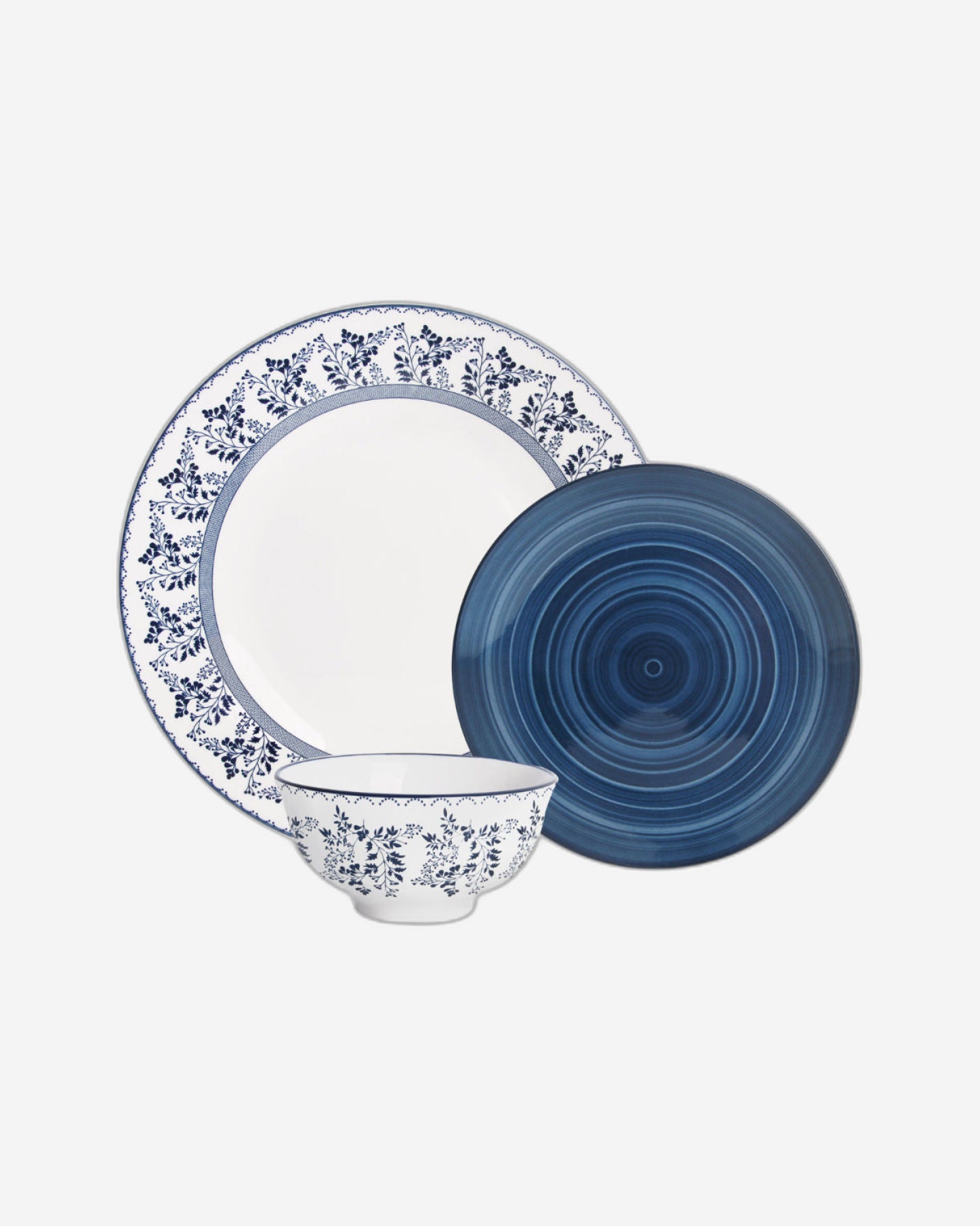Shallow Porcelain Rosy Dinner Set, 18 Pieces, Blue (4 Dinner Plates, 4 Side Plates, 4 Small Bowl)