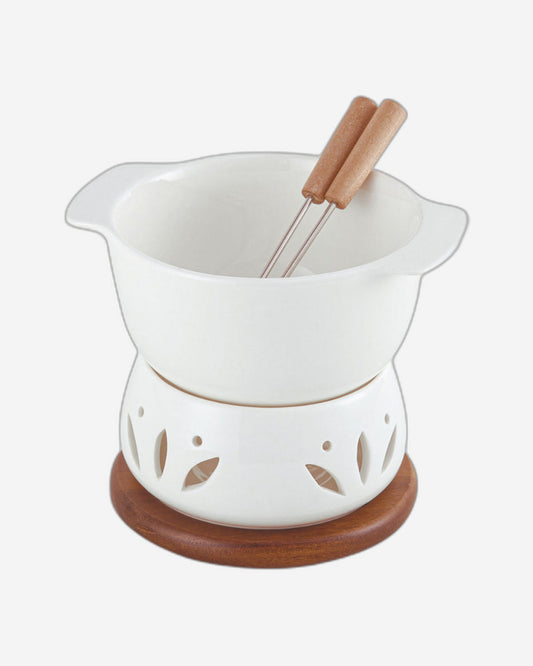 Shallow Acacia Wood Porcelain with Stainless Steel Single 4 Pieces Fondue Set, White & Brown, 16cm