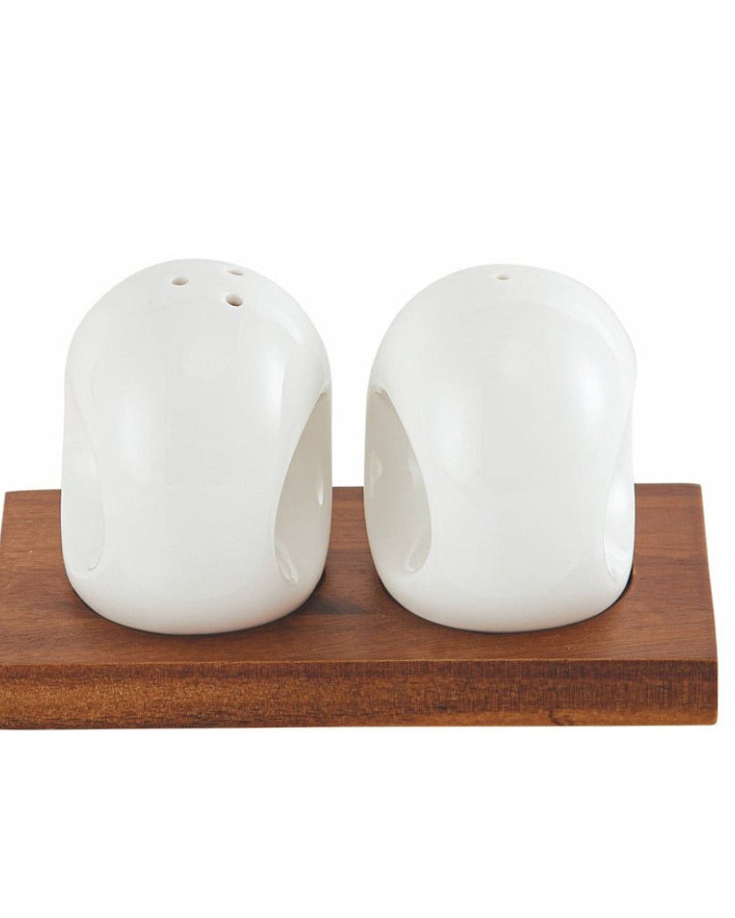 Shallow Acacia Wood Porcelain 2 Pieces Salt & Pepper Set, White & Brown