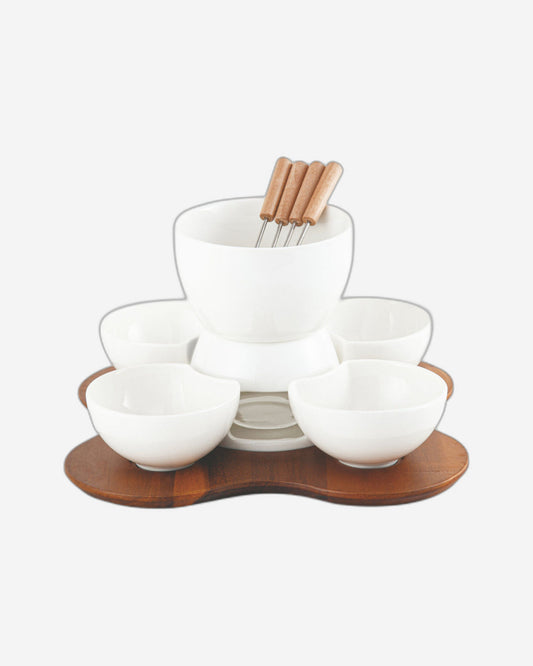Shallow Acacia Wood Porcelain with Stainless Steel Single 10 Pieces Fondue Set, White & Brown, 27cm