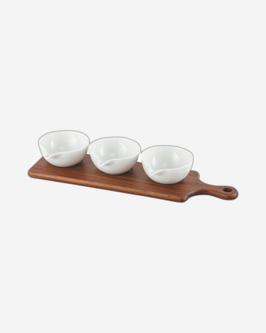 Shallow Acacia Wood Porcelain 3 Pieces Serving Set, 40cm, White & Brown