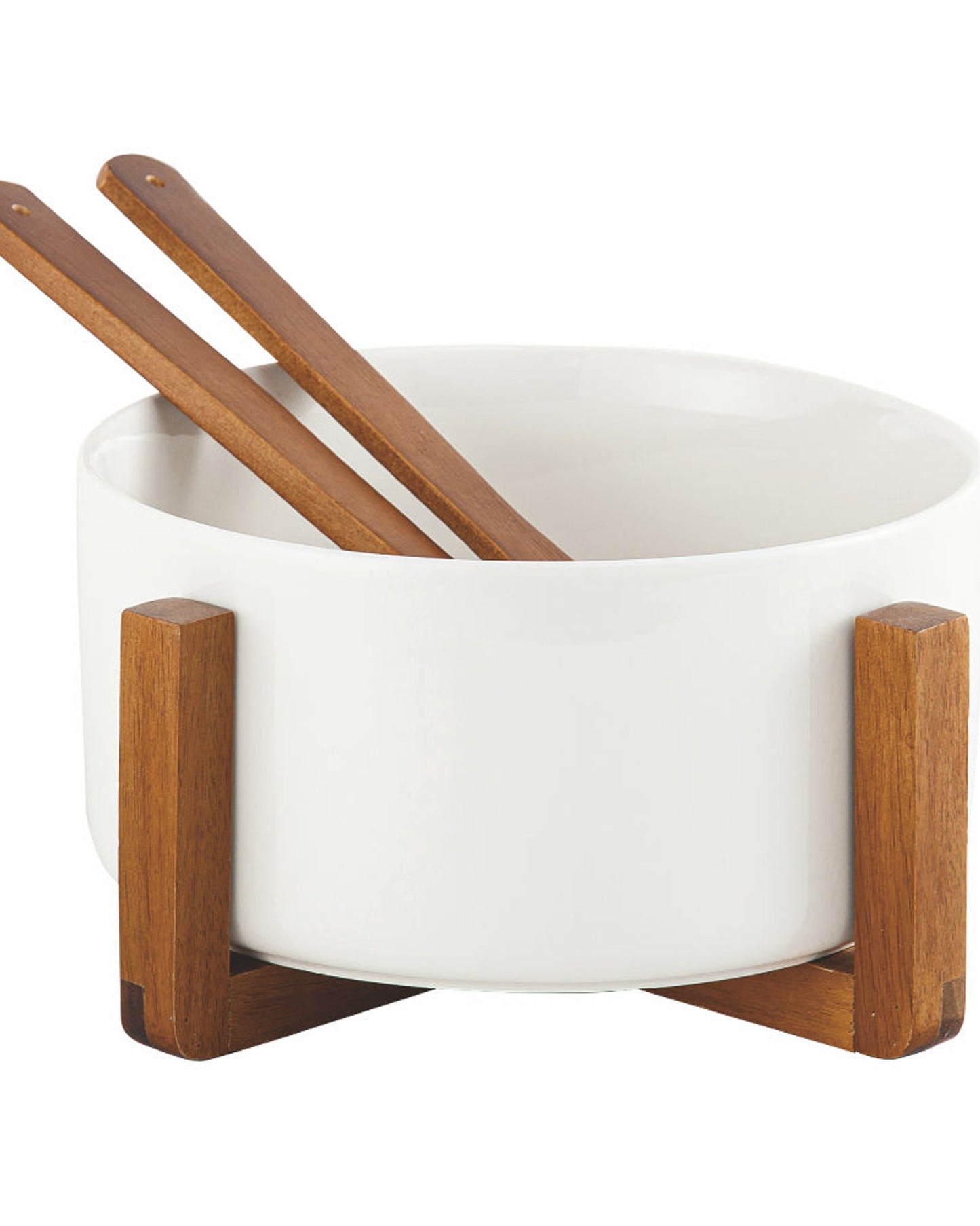 Shallow Acacia Wood Porcelain Salad Bowl with Spoon, 20cm, White & Brown
